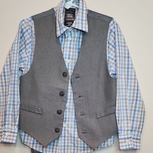 Nautica Gray Textured Boy's 3 Piece, Vest with Blue Plaid Shirt & Pants.